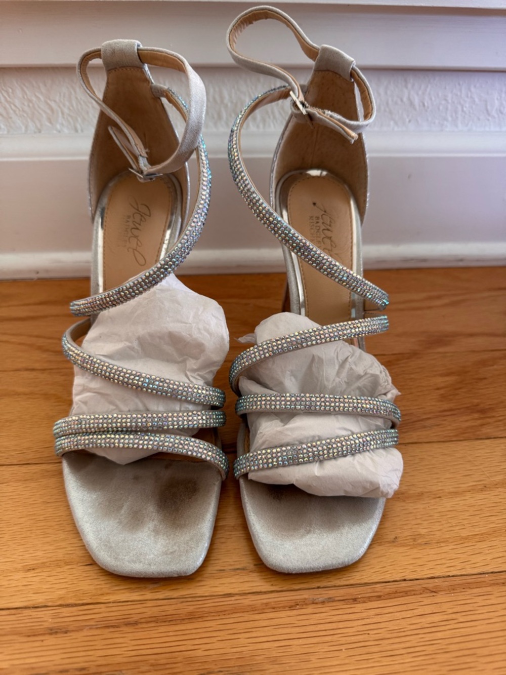 Jewel Badgley Mischka Silver Crystal-Strap Evening Sandals